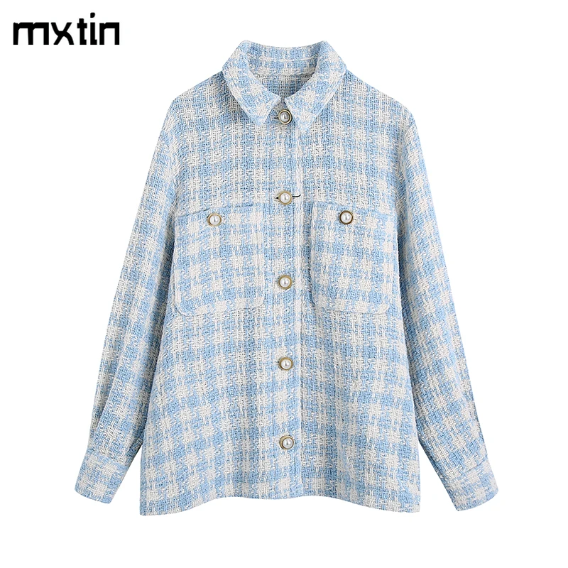 

2022 Women Spring Vintage Tweed Single Breasted Jacket Coat Fashion Lapel Collar Long Sleeve Pockets Office Lady Female Chic Top