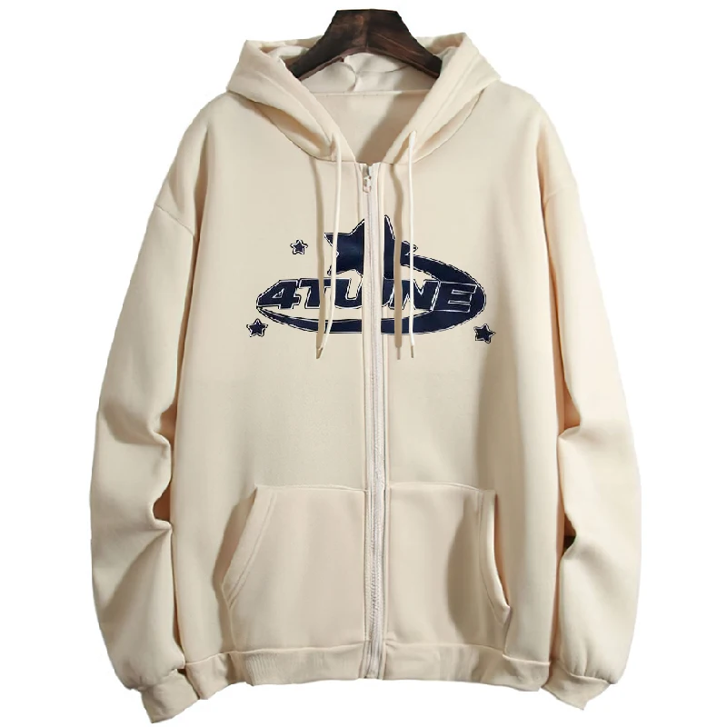 

Star Letter Print Hoodie Men Retro Zip Up Long Sleeve Loose Jacket Coats Harajuku Casual Gothic Hooded Sweatshirt Y2K Streetwear