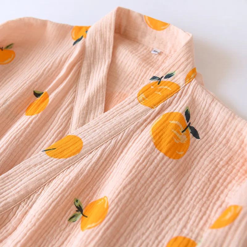 Orange Print Women's Bathrobe Crepe Cotton Ladies Summer Spring Japanese Kimono Long Sleeve Dressing Gown For Female 2023