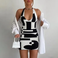 y2k 2022 fashion designer checkered halter casual sexy backless womens clothes one piece basic knit bodycon mini dress