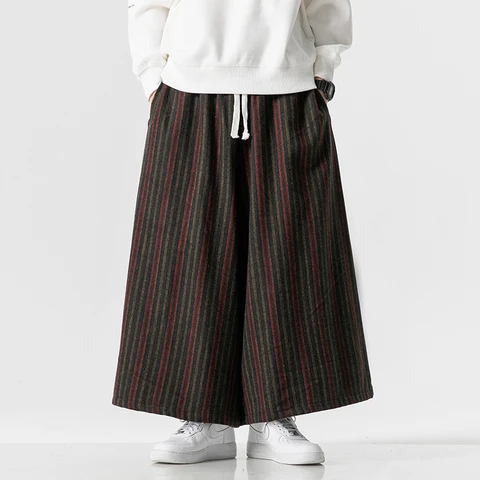 Японская осень зима брюки для мужчин теплые утолщенные шерстяные полосатые повседневные брюки кюлоты очень широкие широкие ноги брюки женщины