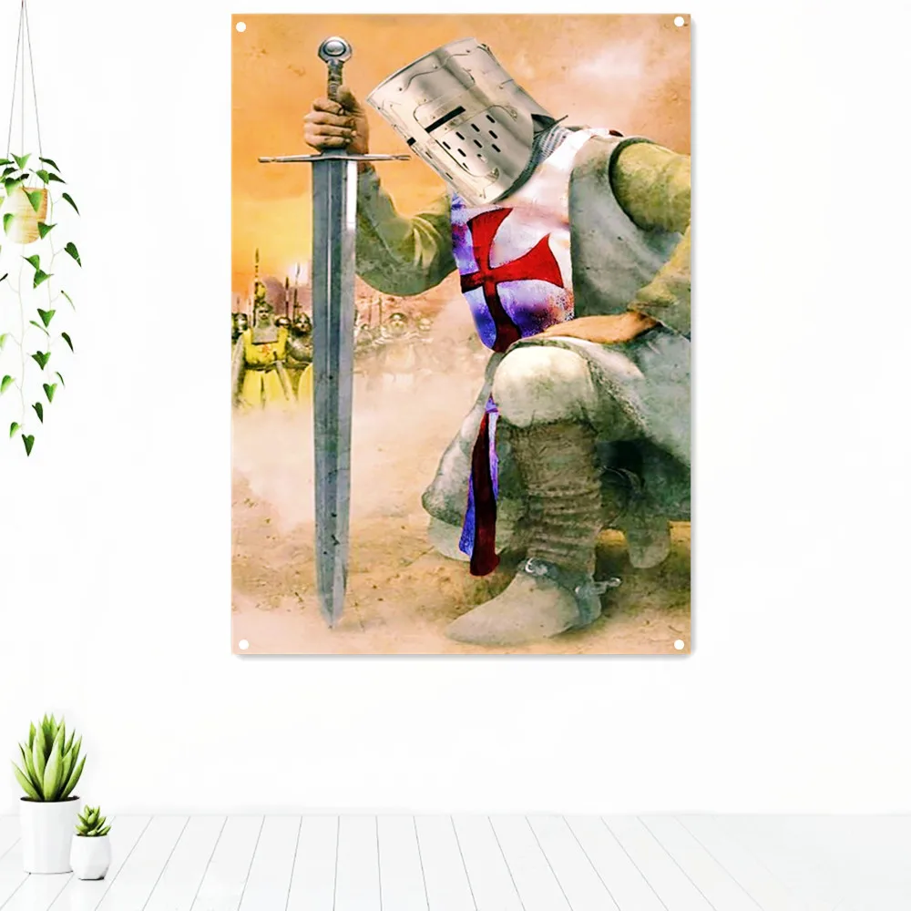 

Knights Templar Battle Flag Banners Tapestry Ancient Art of War Medieval Warriors Poster Canvas Painting Vintage Wall Decor B2