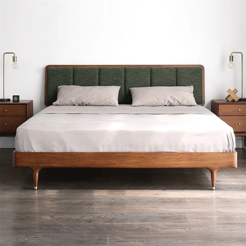 

Nordic Style Solid Wood Nightstand Soft Double Leather Bed Master Bedroom Walnut Color Modern Simple Furniture