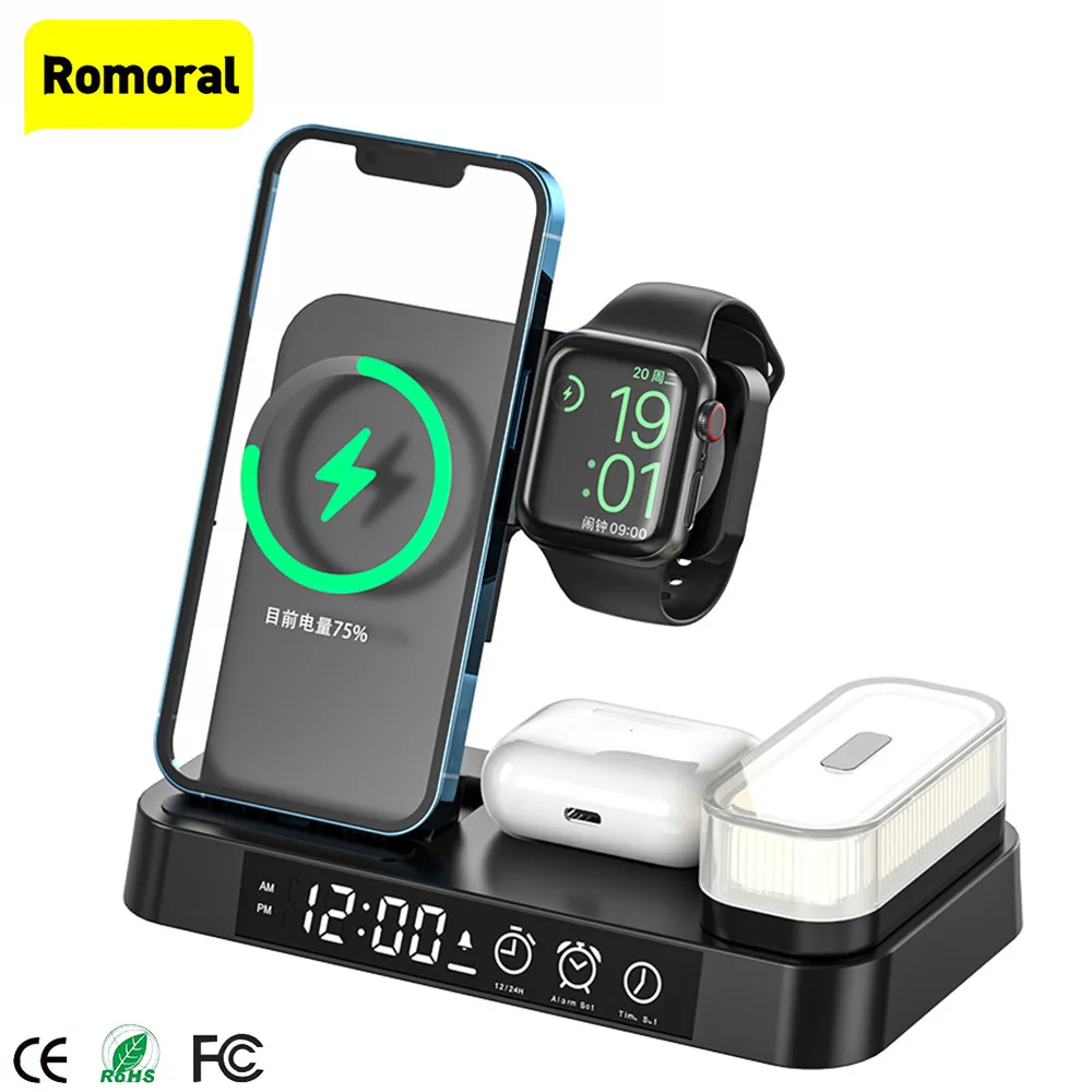 5 IN 1 Wireless Charger Station Clock Alarm Clock USB Type-C For iPhone /12/13/14 For Apple Watch SE/5/6/7 For Samsung
