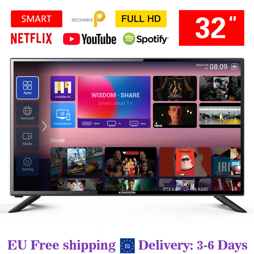 

KONDOON 32" Inch Smart TV Android 9.0 LED Television 32"Wifi Full HD Class A Intellgent DVB-T2+C/S2 Ultra Thin Screen Display