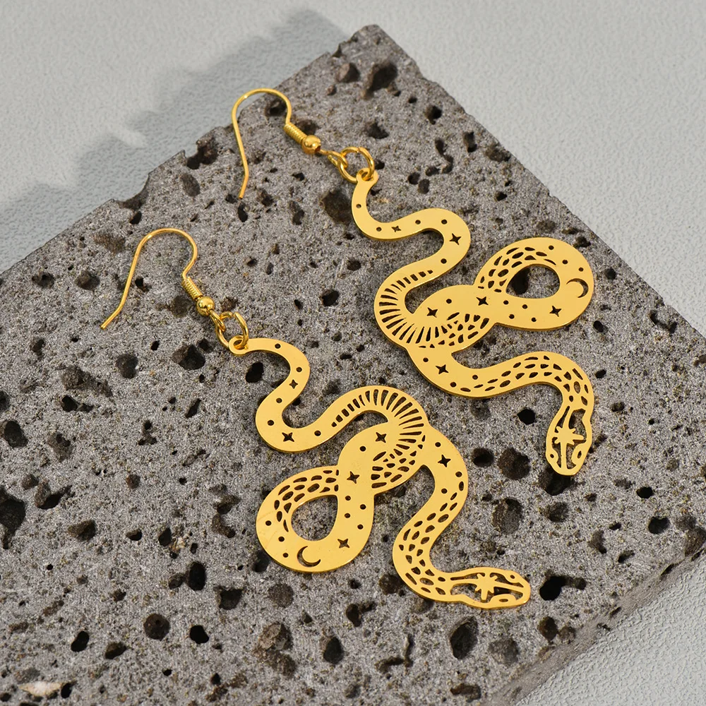 

Minar Punk Hollow Out Floral Twisted Snake Earring for Women Metallic Gold Star Water Drop Twist Animal Long Dangle Earrings
