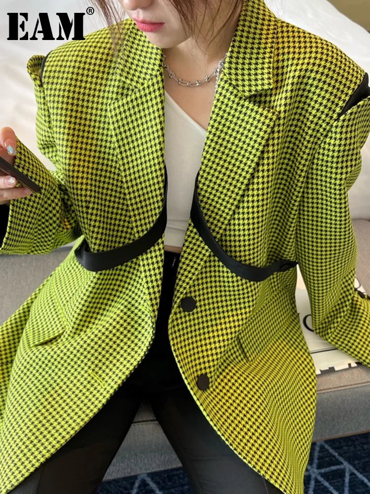 

[EAM] Women green plaid big size casual Blazer New Lapel Long Sleeve Loose Fit Jacket Fashion Tide Spring Autumn 2022 1DE6805
