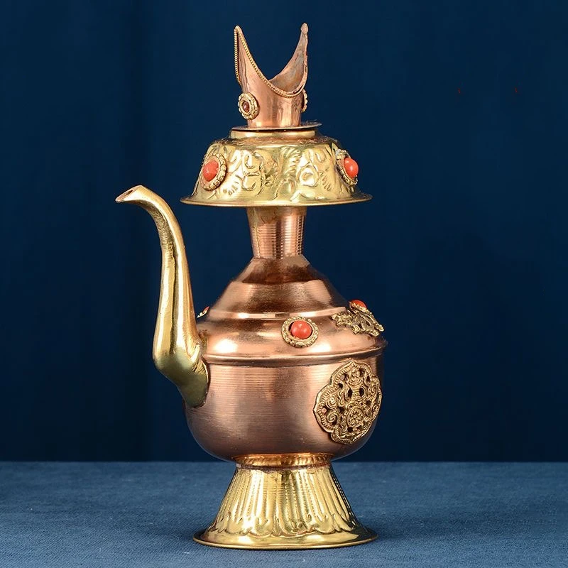 

Tibetan Water Purification Bottle Pure Copper Inlaid Gem Handicraft Wemba Pot Tantric Desktop Buddhism Altars Indoor Decorative