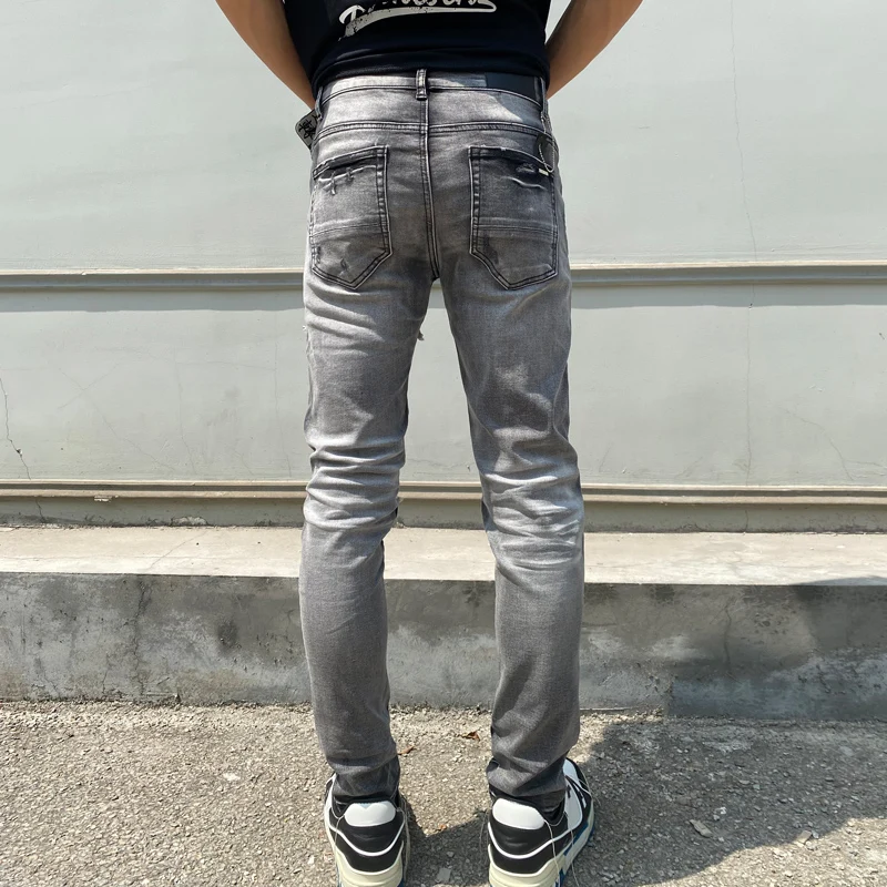 Street Fashion Men Jeans Retro Gray Elastic Stretch Skinny Ripped Jeans Men Yellow Patched Designer Hip Hop Brand Pants Hombre