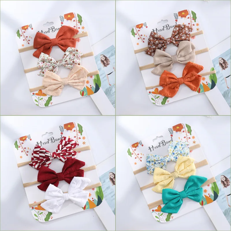 3pcs/Set Cotton Nylon Headbands Baby Hair Bows Girls Newborn Photograph Elastic Hairband Children Toddler Hair Accessories Print