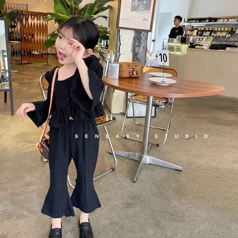 

2023 Spring Autumn New Little Baby Girls Fashion Suit Girls Long Sleeve Square Neck Top + Flared Pants Teenager Black 2pc Set
