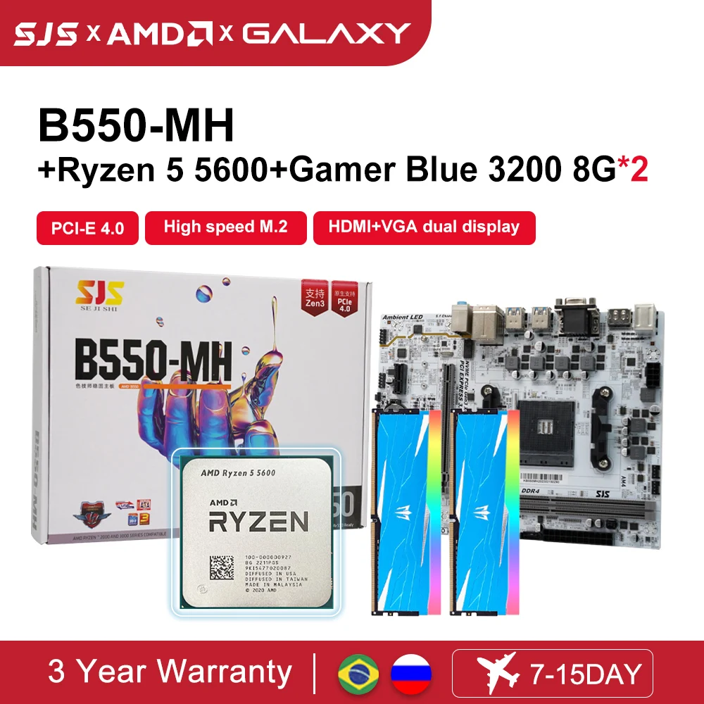 

SJS B550-MH Motherboards + kit Ryzen 5 5600 AMD Processor Micro-ATX B550 DDR4 64G placa mae Kit Game blue DDR4 3200MHz 16GB RAM