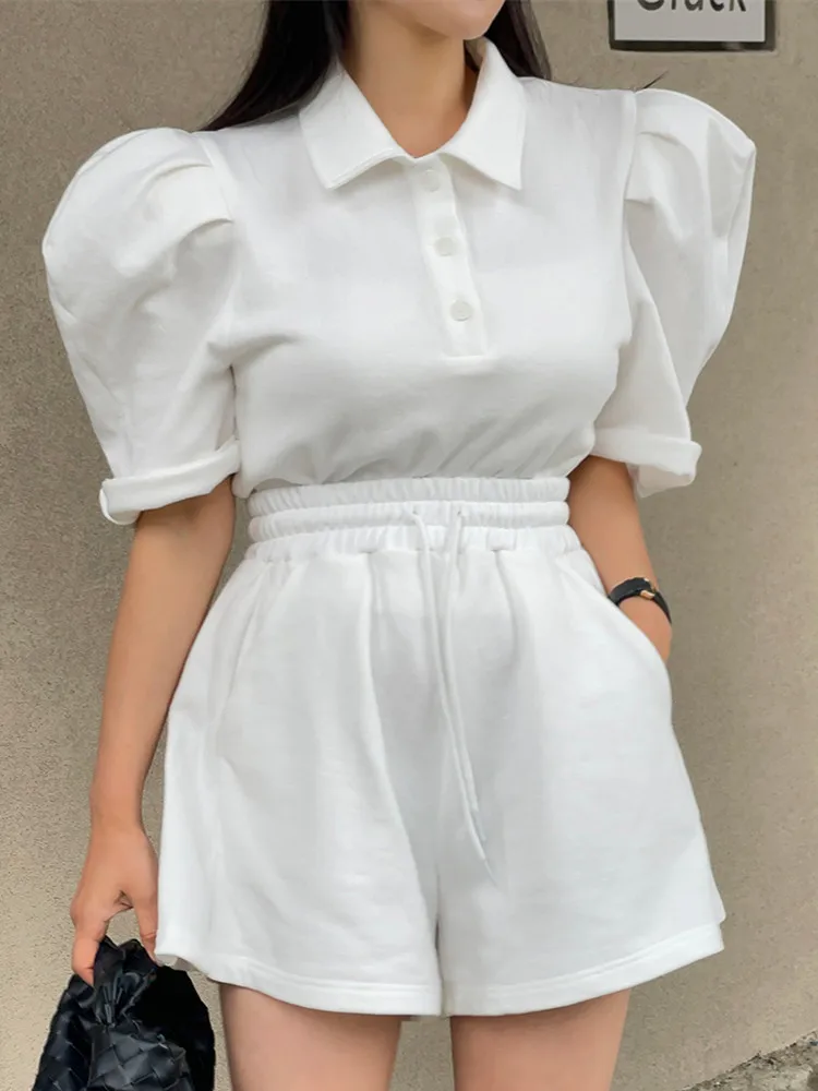 

Женский летний комплект из 2 предметов, футболка с коротким рукавом-фонариком и шорты с высокой талией, повседневный летний комплект из 2 пре...