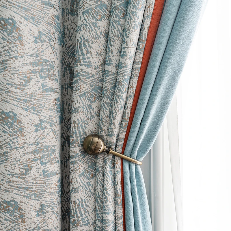 

High-grade Jacquard Color Blocking Curtains for Living Room Bedroom Cotton Linen Blackout Curtain Finished Custom Gauze