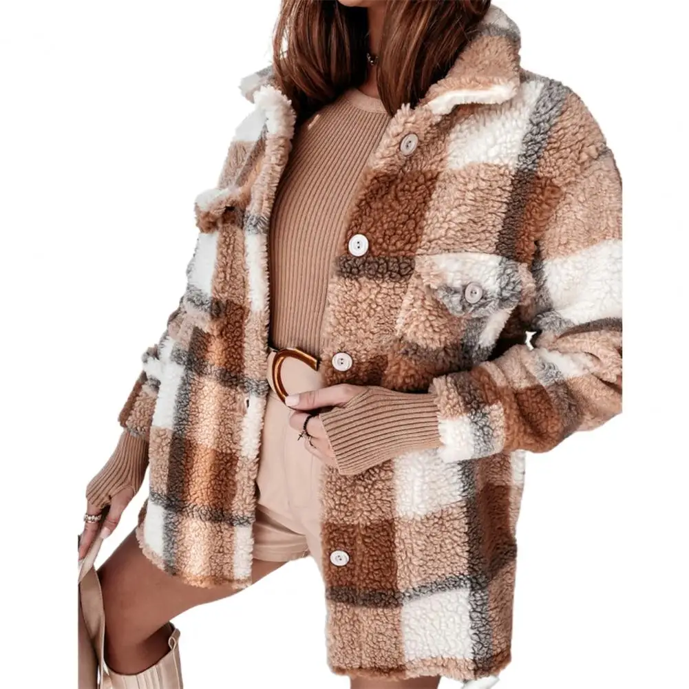 

Women Winter Turn Down Collar Jacket Contrast Colors Plaid Print Pockets Long Sleeves Buttons Plush Thick Warm Lapel Lady Coat