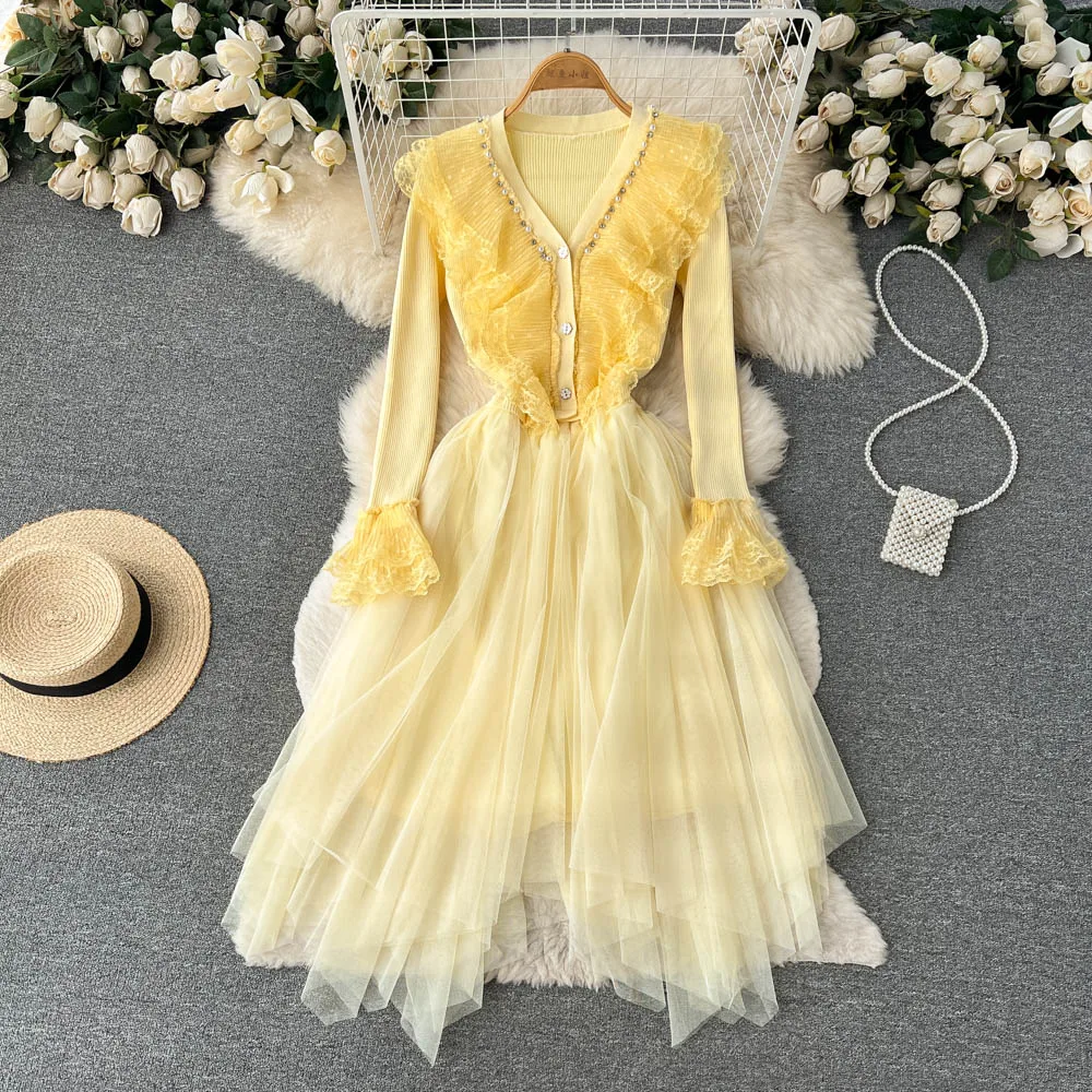 

Сетчатое кружевное комбинированное вязаное платье с V-образным вырезом французское чайное платье необычное милое сказочное платье с талие...