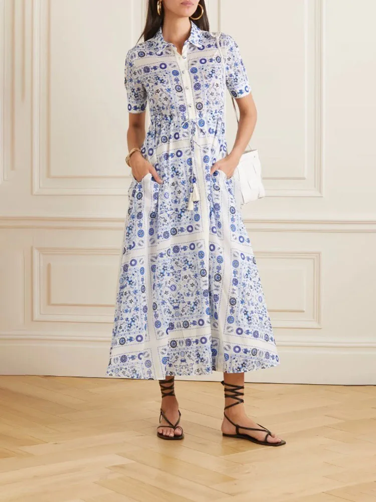 y2k Summer Blue Printed Silk Cotton Short Sleeve Shirt Dresses2023 Fashion Drawstring Waist LapelChic and elegant woman dress