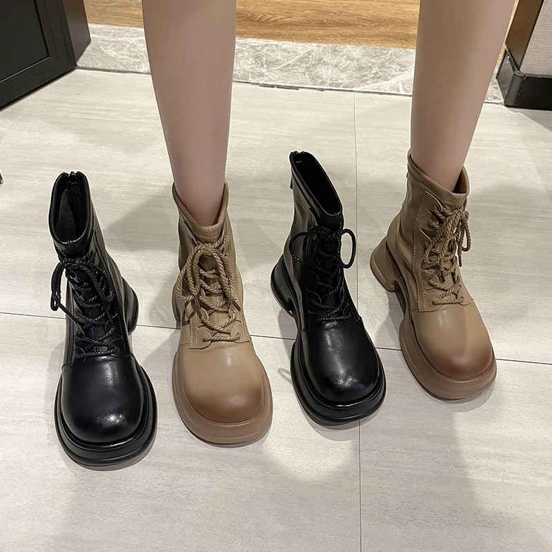 

Lace Up Lady Boots Shoes Luxury Designer Round Toe Boots-Women Med Fashion Rock Lolita 2022 Ankle Autumn Summer Rubber Cross-tie