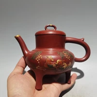 7 chinese yixing zisha pottery outline in gold phoenix pattern three legged teapot purple clay pot kettle red mud ornaments