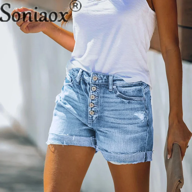 Fashion Broken Holes Multi-button Splice Denim Shorts Ladies Summer Women Commuter Straight Three Quarter Pants Trend Streetwear