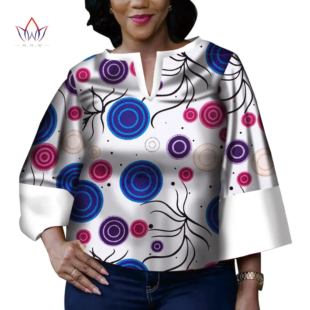 Bintarealwax, рубашка с Африканским принтом для женщин, Дашики, Повседневная африканская блузка с V-образным вырезом, Женская традиционная африканская одежда WY4050
