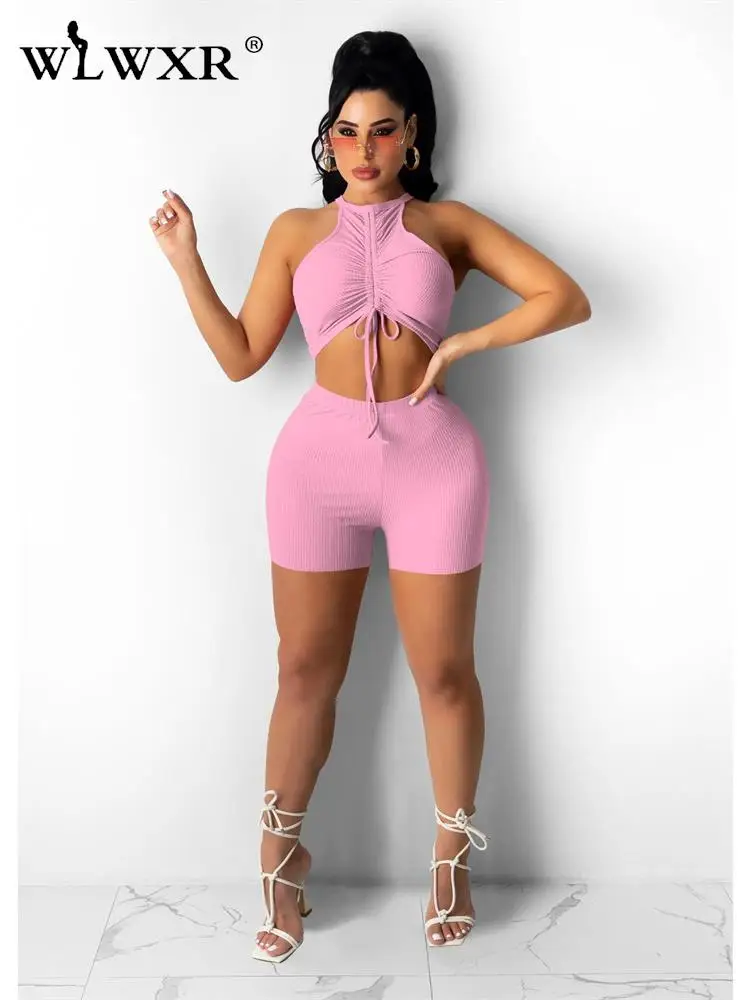 

Спортивный костюм WLWXR женский из двух предметов, уличная одежда, комплект из двух предметов, короткий топ с завязками без рукавов, облегающи...
