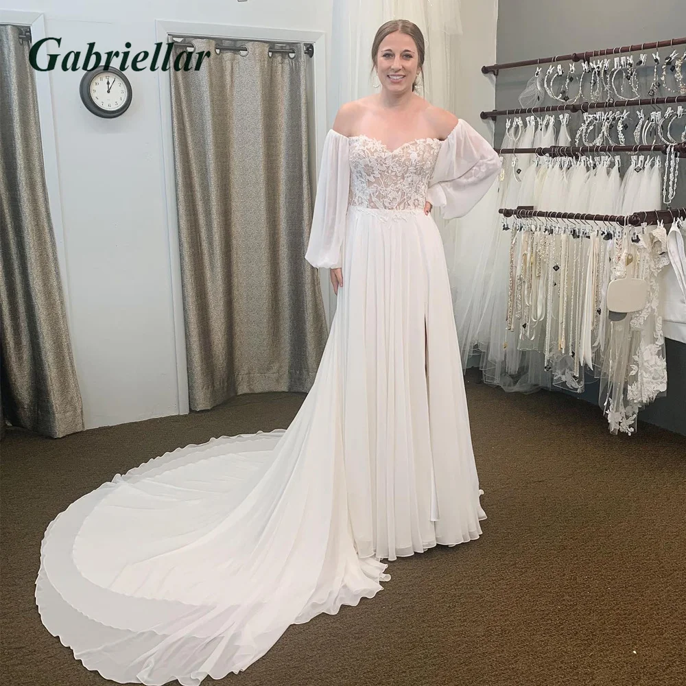 

Gabriellar Chiffon Wedding Dress Slit Off The Shoulder Appliques V-Neck Backless A-line 2023 Vestido De Novia Made To Order