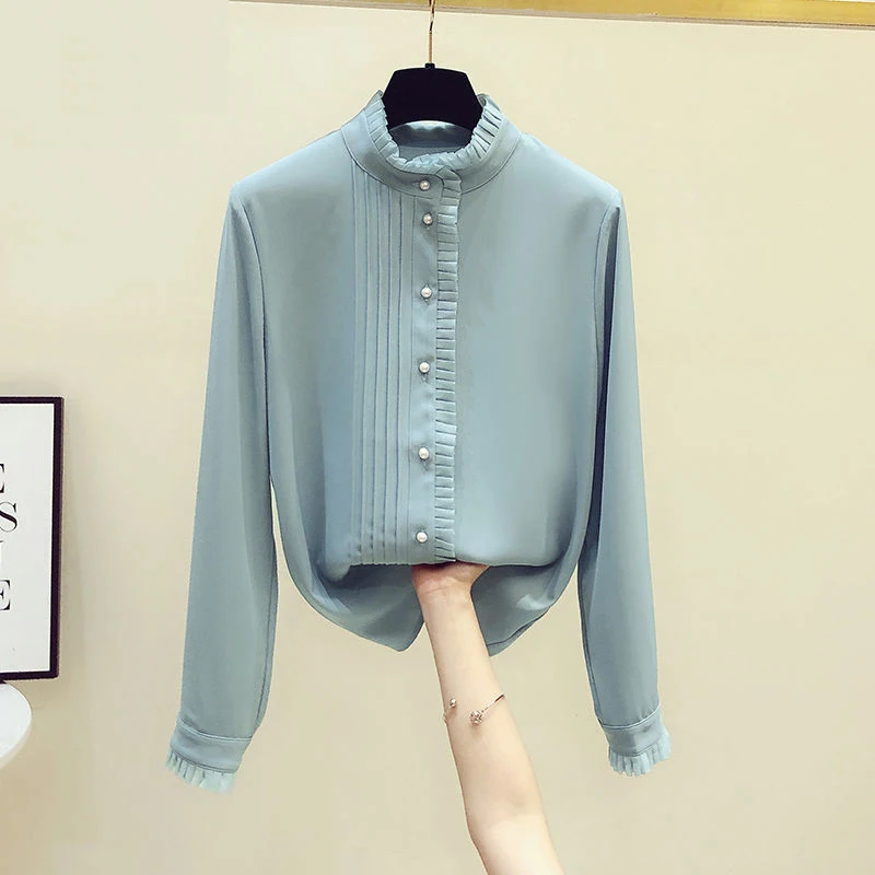 

2022 Spring Women Shirts Office Lady Ruffles Collar Petal Long Sleeve Blouse Female S 4XL Solid Color Work Wear Temperament Tops
