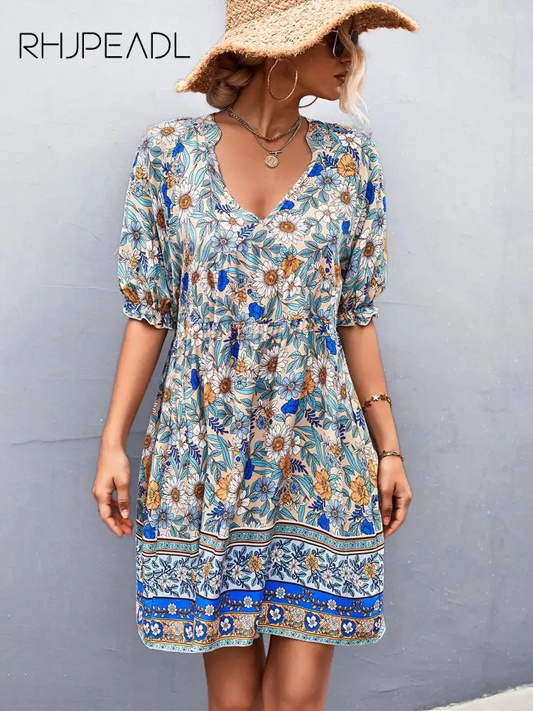 

Summer Boho Floral Mini Dress Women Sexy V Neck Short Sleeve Cotton Casual Loose Dresses 2022 Fashion Vintage Beach Woman Dress