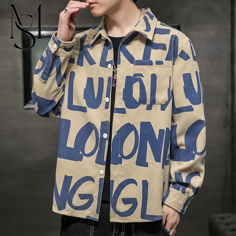 

Рубашка с длинным рукавом, Мужская Корейская версия, трендовая Свободная рубашка с надписью, весна 2023, красивое Мужское пальто со сборками и принтом