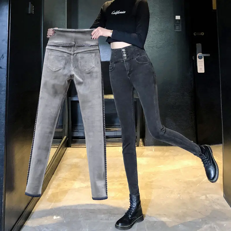 

Winter Women Thicken Stretch Skinny Fleece Jeans Woman High Waist Black Warm Jeans Lady Vintage Denim Pencil Korean Pants E541