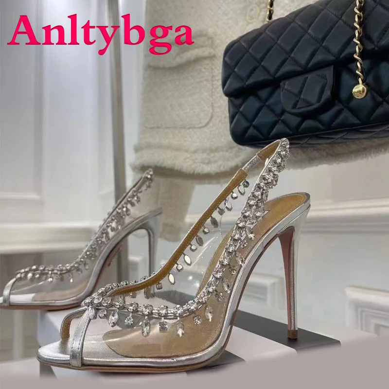 Women's High Heels Wedding Shoes Crystal Slippers Fish Mouth High Heels Silver Super High Heels