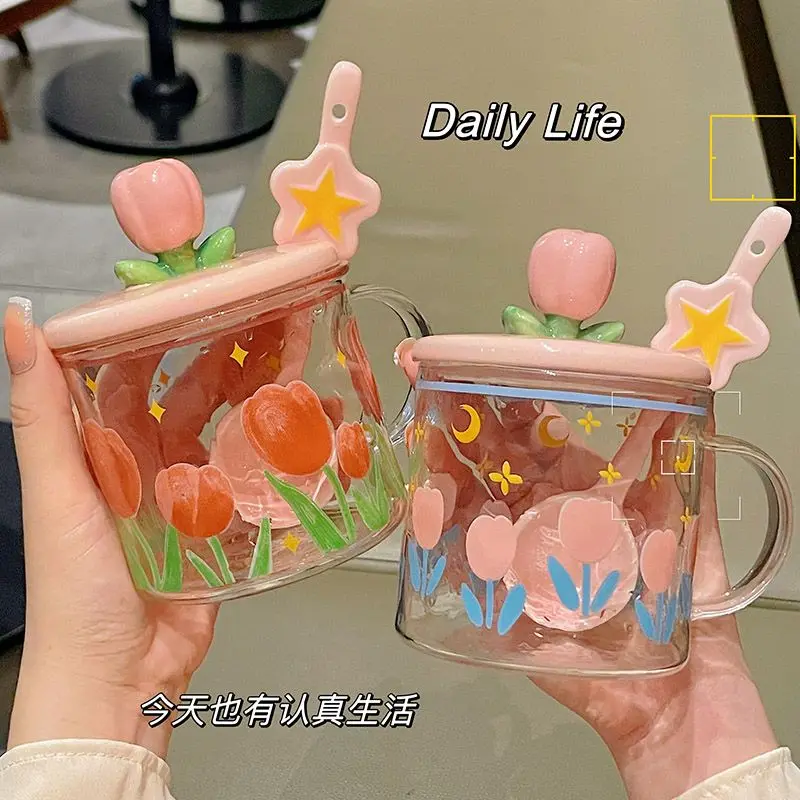 

Mug with lid spoon Tulip 2023 New women's glass cup Friend drinking cup Home coffee cup Office