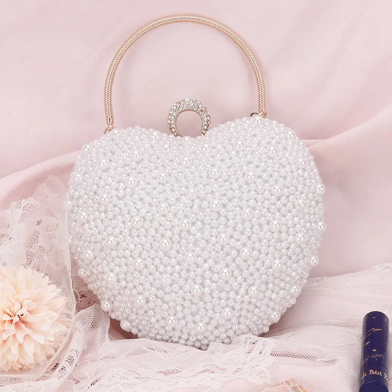

Pearl Heart-shaped Evening Bag Vintage Handmade Beaded Heart Chain Bag All-match Crossbody Women's Bag
