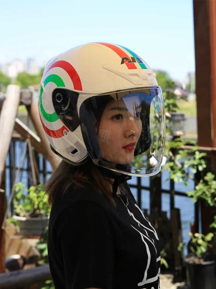 

Ais Electric Car Battery Car Helmet Men's and Women's Half Helmet Covered Locomotive Safety Double Lenses Summer Seasons fa