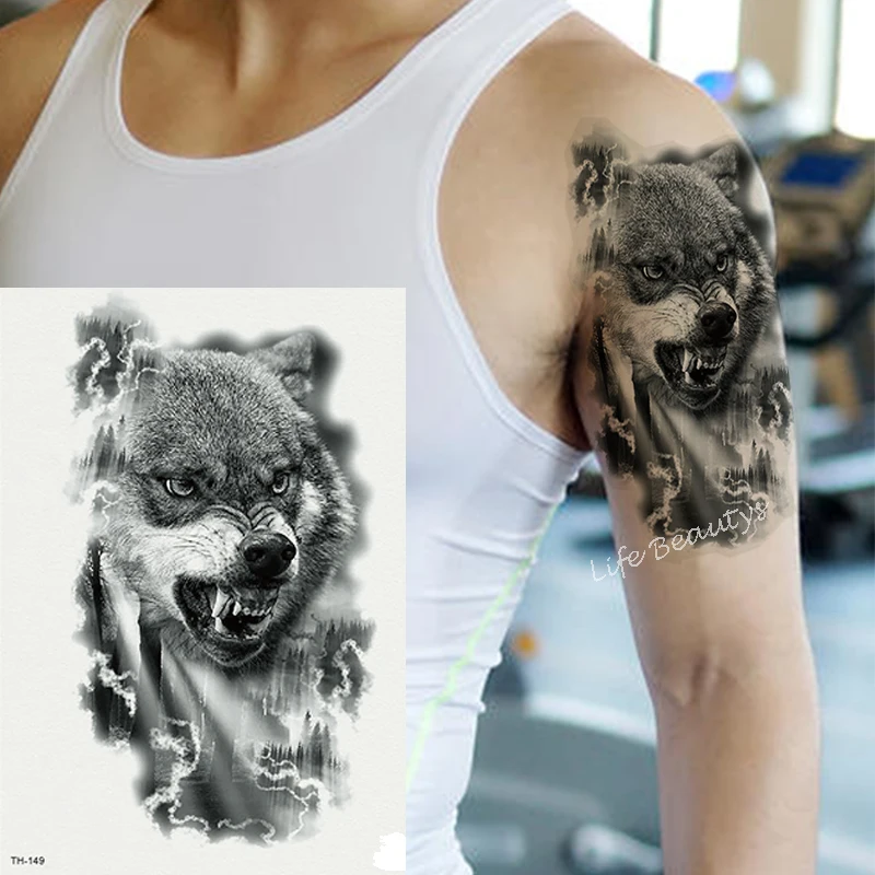 

Men Waterproof Tattoo Sticker Wolf Lion Tiger Bear Flash Tattoos Leopard Crown Body Art Arm Fake Temporary Stickers
