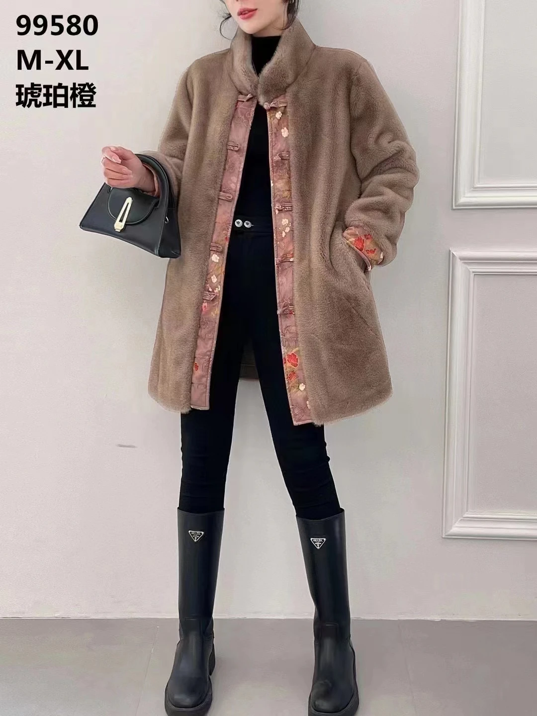 Женское однобортное кашемировое пальто средней длины с воротником-стойкой