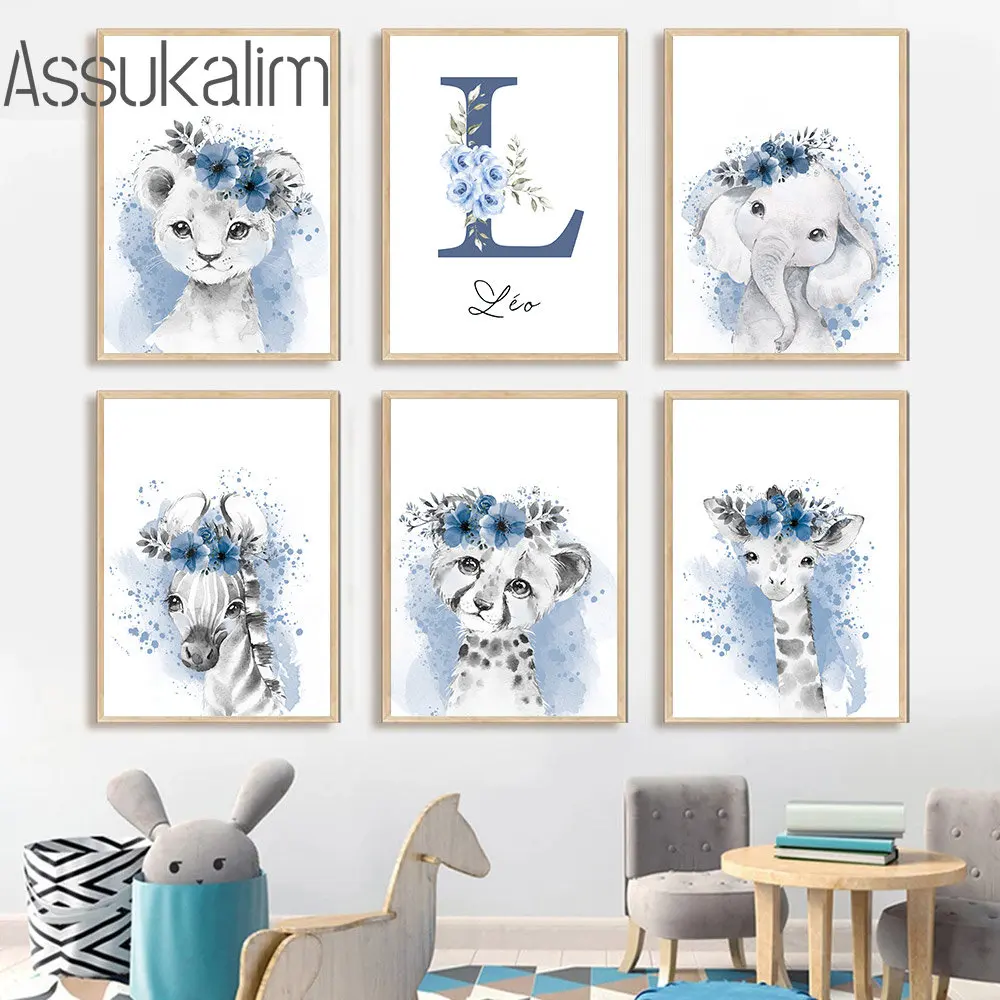 

Animals Canvas Poster Nursery Wall Posters Custom Name Wall Art Lion Elephant Leopard Art Prints Kids Boys Room Wall Decoration