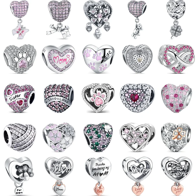 

New 925 Silver Pink Heart Pendant Mom Paw Print Four Leaf Grass Shiny Beads Fit Original Pandora Charm Bracelet DIY Fine Jewelry