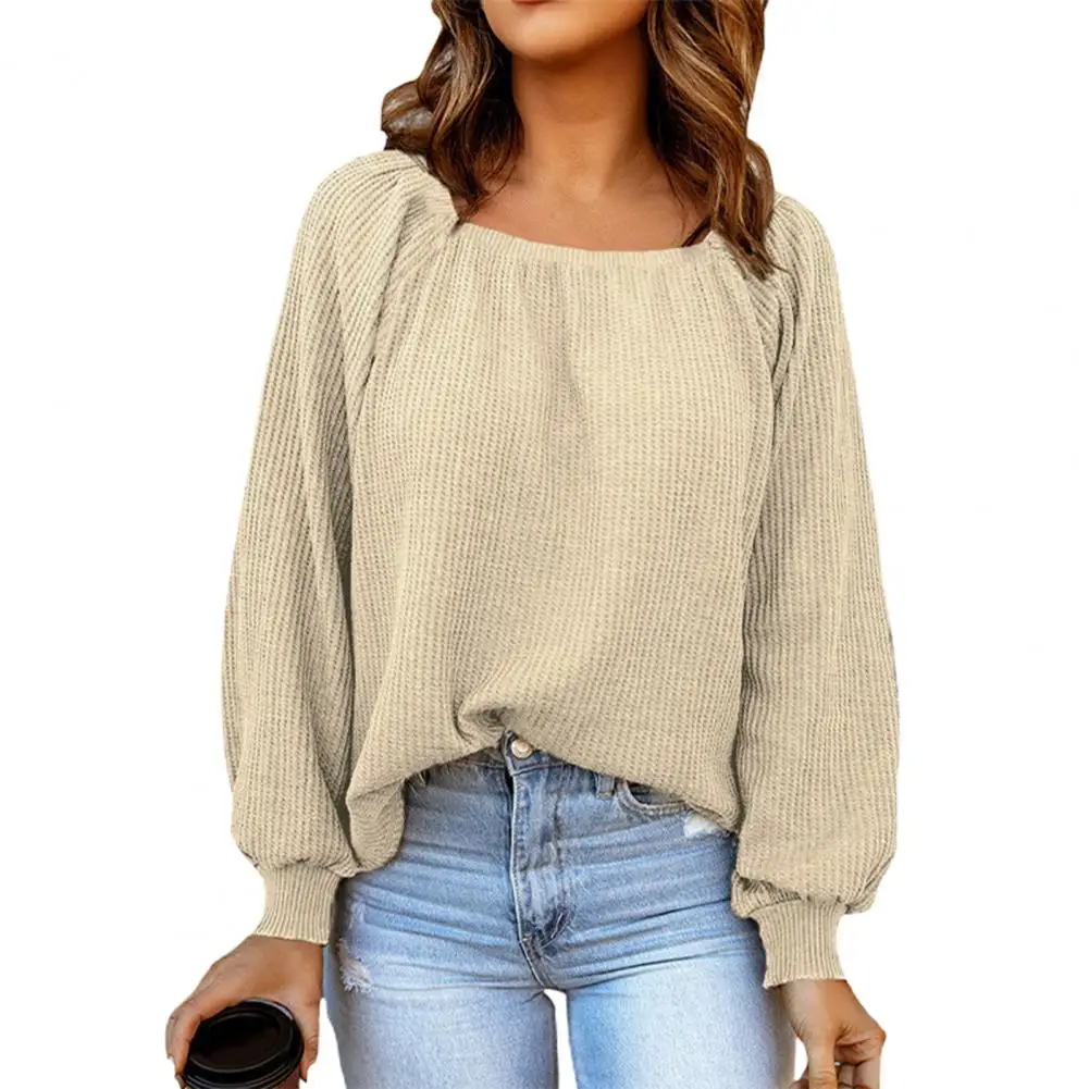 

Women Elegant T-shirt Square Collar Elastic Cuffs Loose Knitted Top Lantern Long Sleeve Women Jumpers Female Clothing Streetwear