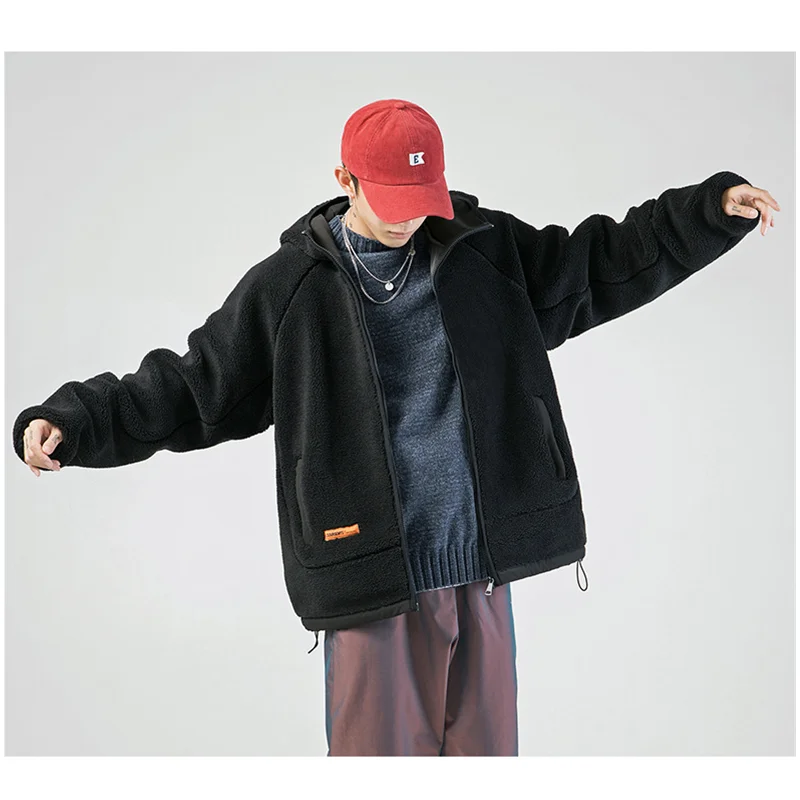 Streetwear Men 2022 New Style Granular Pile Hooded Black Outerwear Comfortable Cotton Clothes Loose Versatile Coat Winter Female