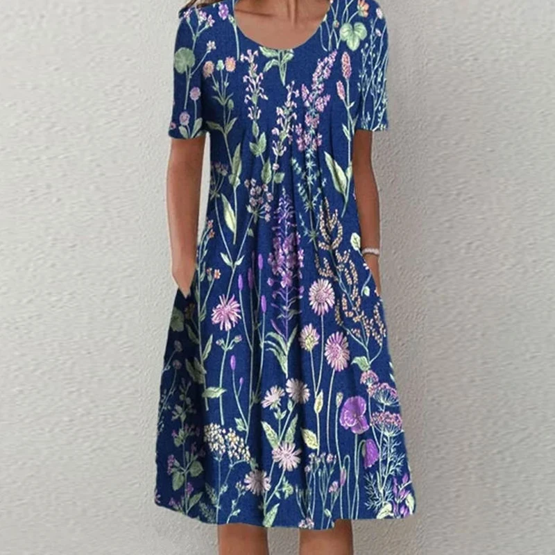 

Повседневное платье в стиле бохо с цветочным принтом, женское платье-трапеция с круглым вырезом и карманами, летнее свободное пляжное платье с коротким рукавом, весна 2023