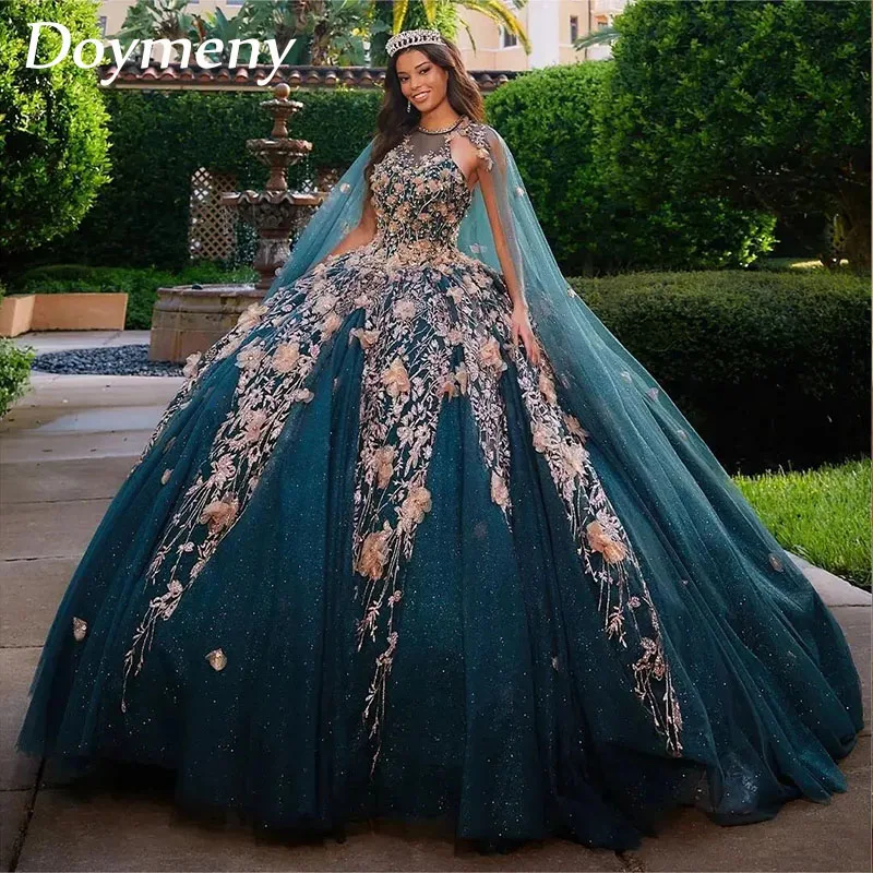 

Женское блестящее платье Doymeny для Quinceanera, бальное платье с круглым вырезом, аппликацией, блестками и накидкой, 15 лет, Sweet 16