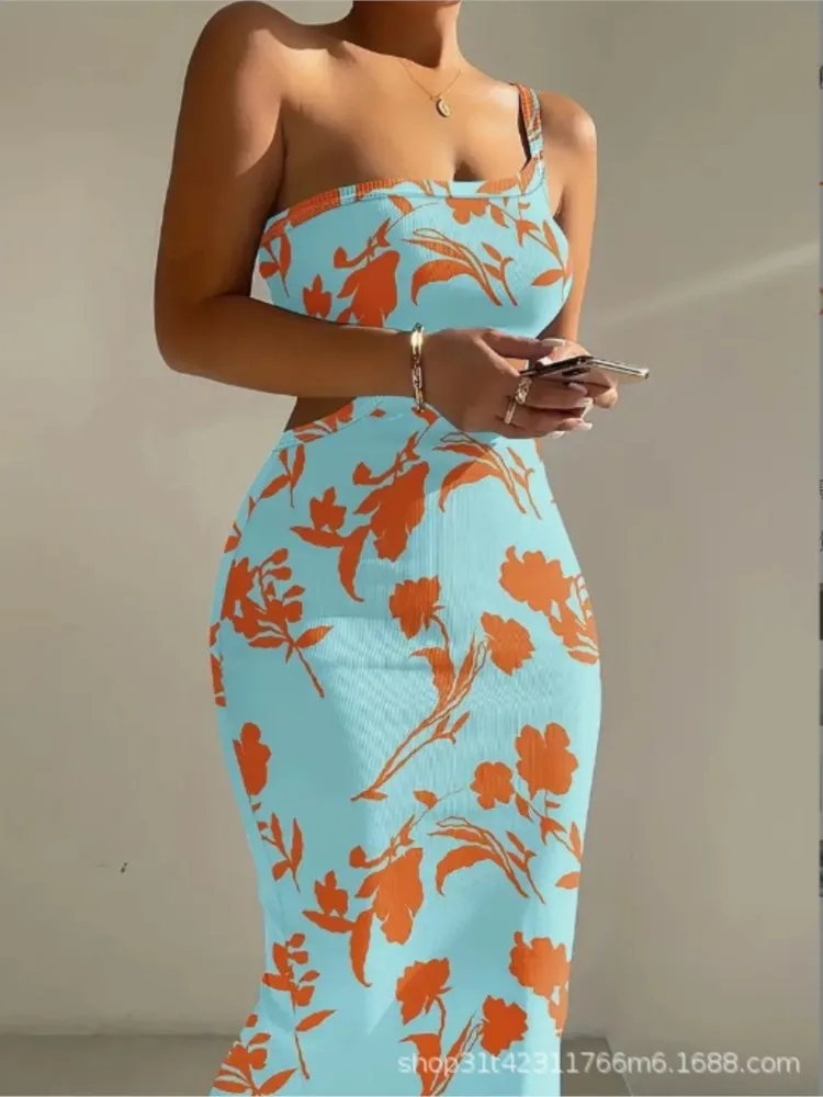 Платья на бретельках с принтом одно плечо женские сексуальные платья открытой