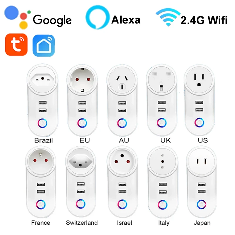 

Tuya 16A WIFI Smart Plug Socket EU US UK AU Brazil Israel Japan With USB Charging Timer Support Alexa Home Assistant Save Energy