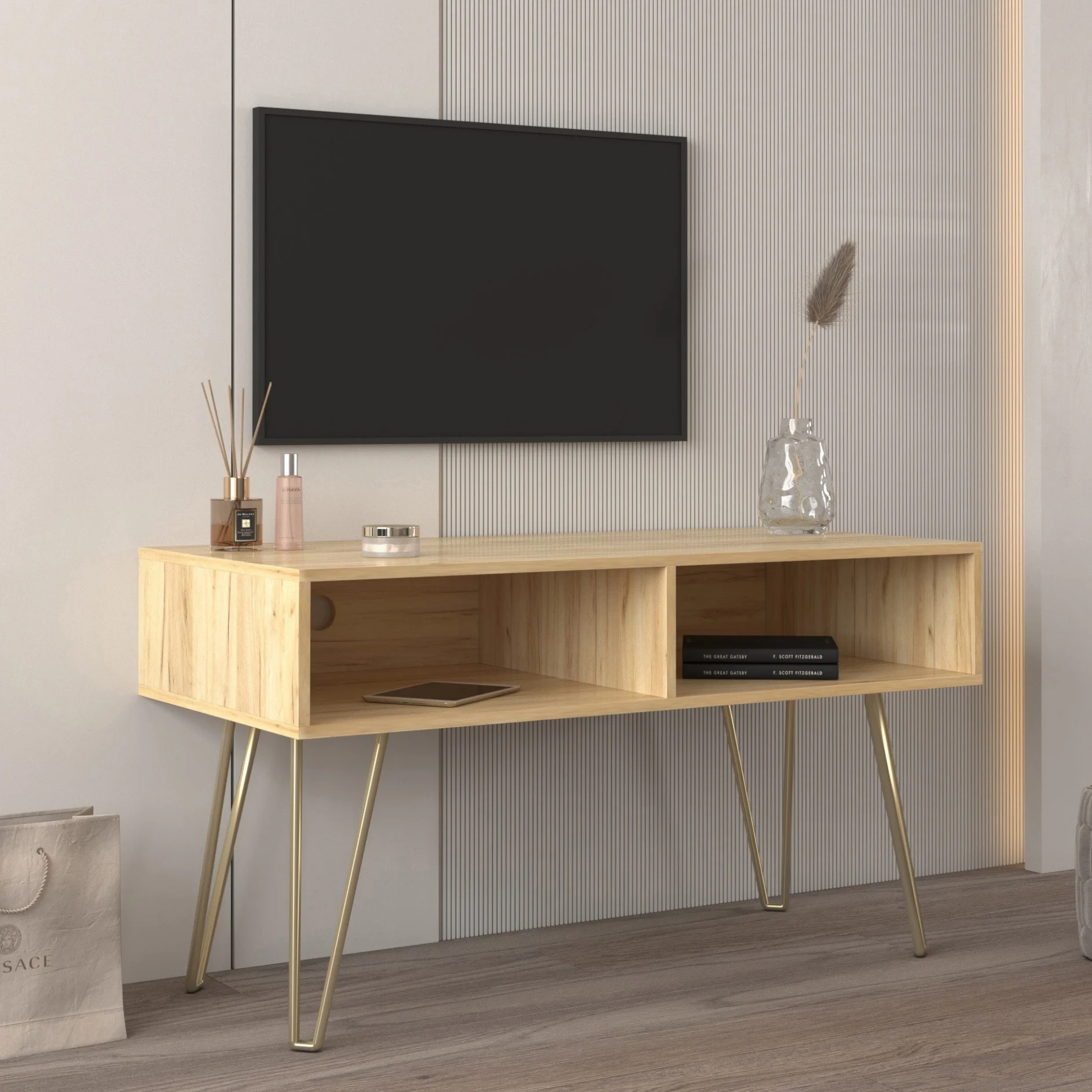 

Modern Design TV stand TV Cabinet Stable Metal Legs with 2 Open Shelves to Put TV DVD Router Books and Small Ornaments Fir Wood