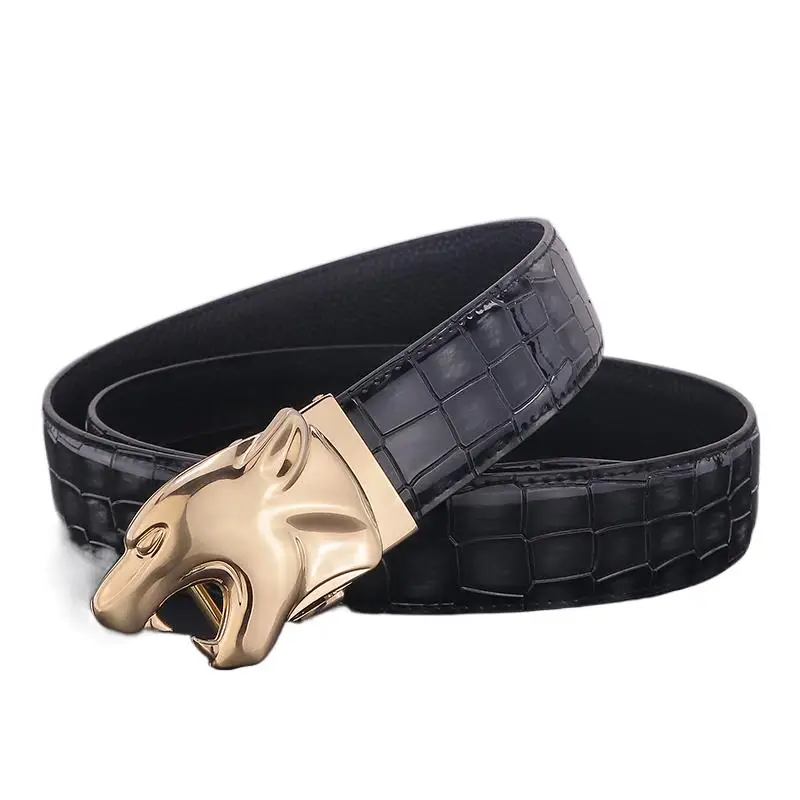 

Men Genuine Leather Golden Automatic Buckle Belts High Quality Luxury Famous Brand Leopard Ceinture Homme Business Cow Skin