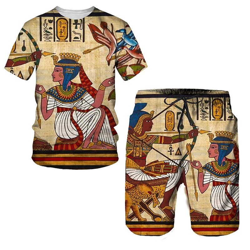 Summer Men's T Shirt Set Egypt Ethnic Style 3D Printed Short Sleeve O Neck Clothing Daily Casual Travel 2 Piece Oversized Suit