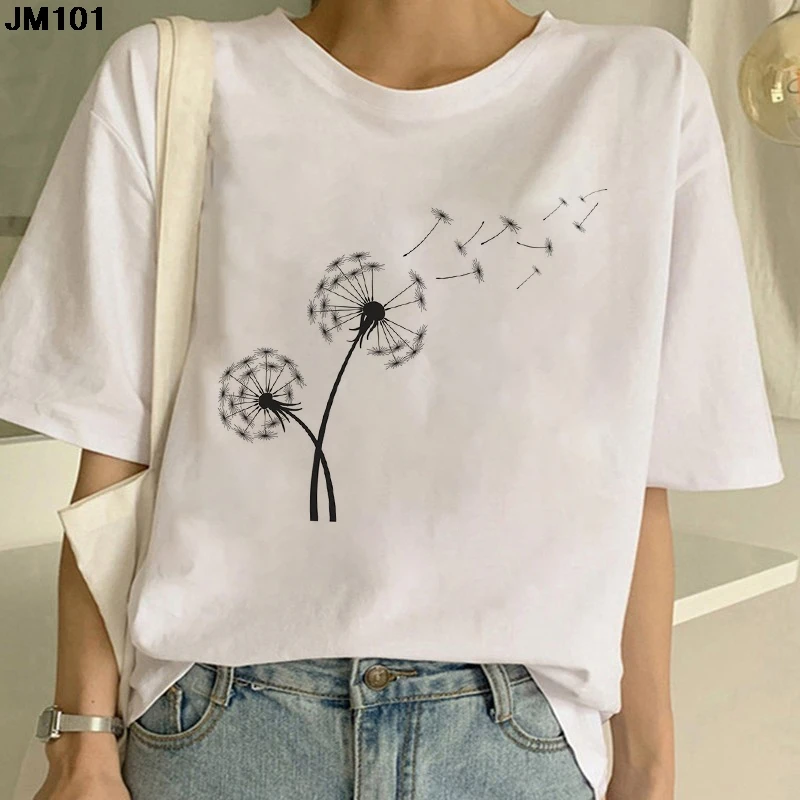 

Harajuku T Shirt Women's Summer Wildflower Dandelion Printing Tshirt Casual Female Clothing T-shirt Short Sleeve Woman Tops Tees
