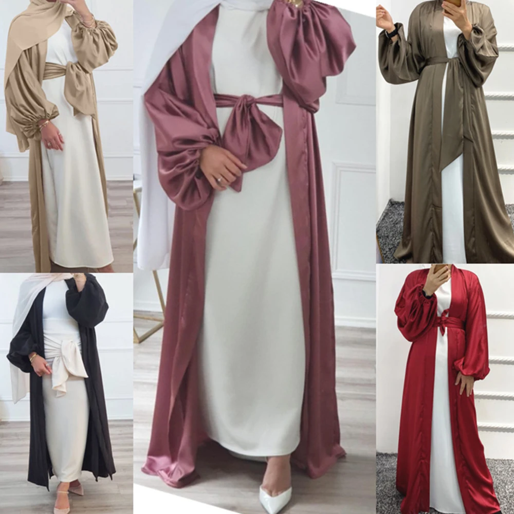 ИД открытая абайя кимоно обычное атласное женское платье Дубай с рукавами-пузырями мусульманский хиджаб марокканский кафтан Турция ислам ...